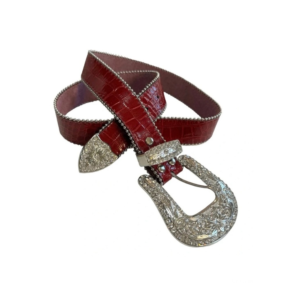 Red Croc Embossed Leather Western Rhinestone Belt Silver Buckle M/L 6003